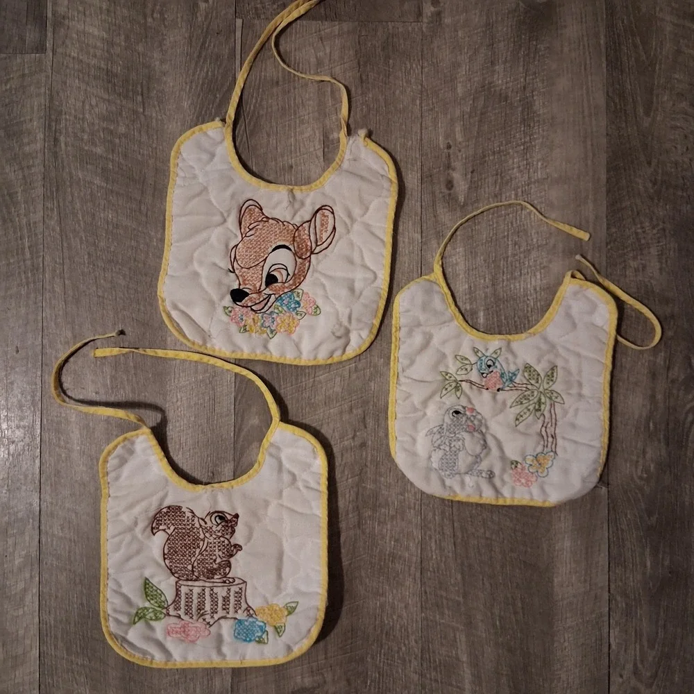 Vtg Disney Embroidered Cross-stitch Baby Bibs-Bambi Thumper Squirrel Lot Of‎ 3